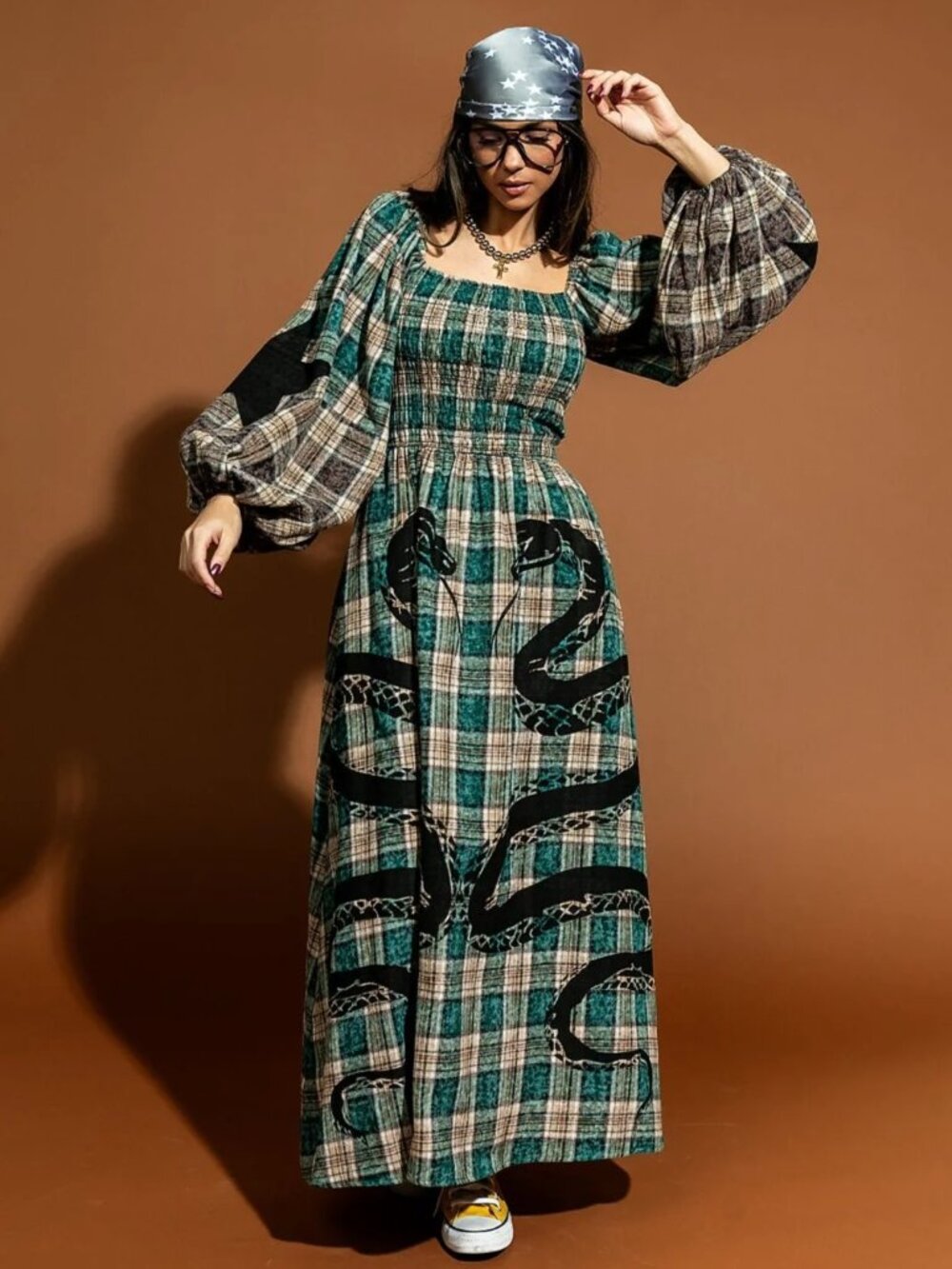 Dressed in LALA Sweet Revenge Smocked Plaid Snake Dress